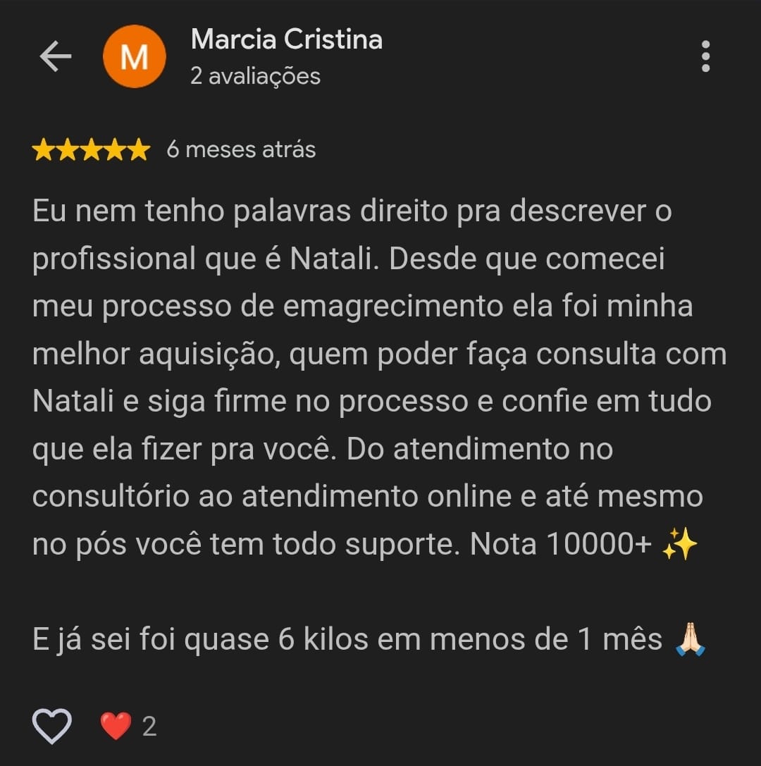 Avaliação real de cinco estrelas publicada por uma paciente